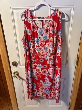 Ellos 1X Red Floral Sleeveless Shift Dress Plus Size 22/24 Stretch Casual
